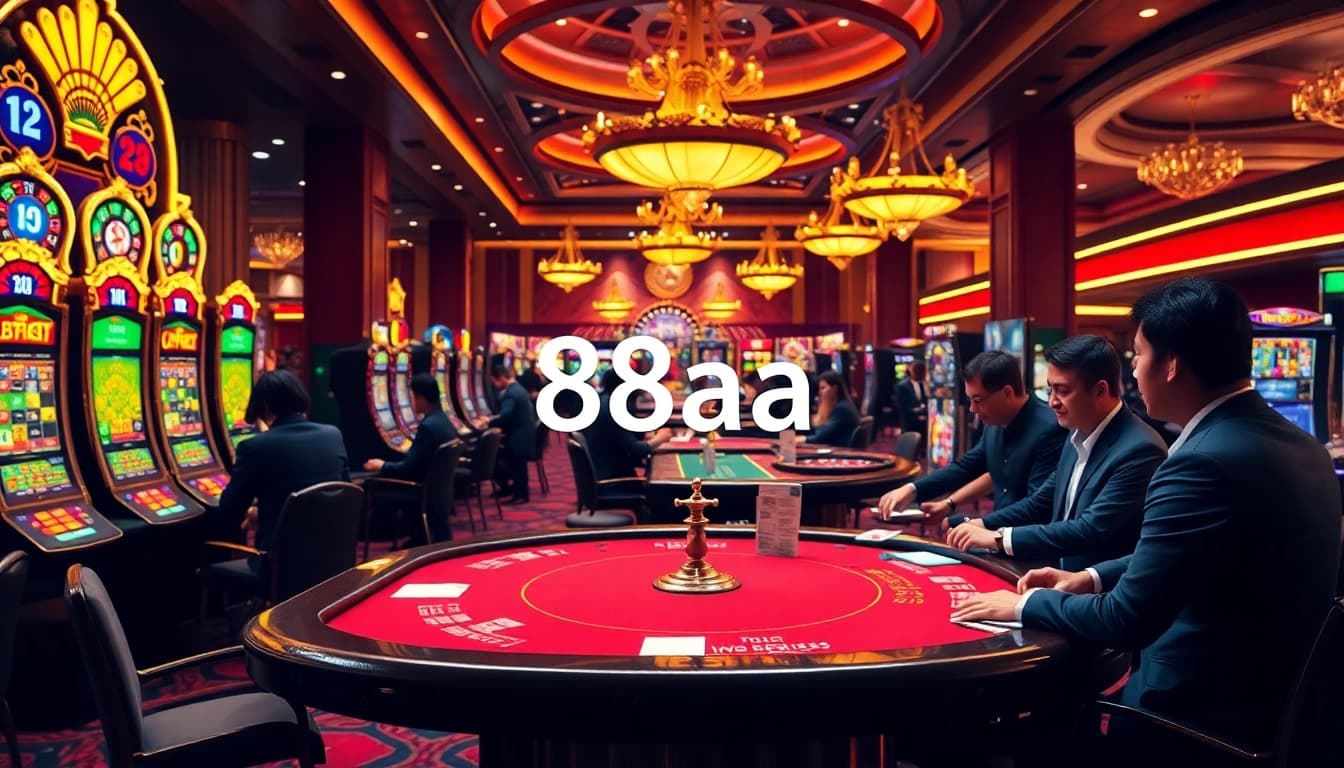 Gamblers enjoying a thrilling game of poker at 88aa casino tables, surrounded by vibrant decorations.