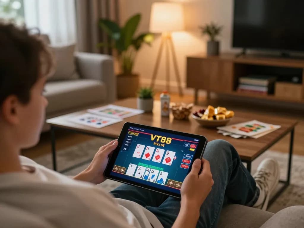 Player enjoying VT88 online casino gaming on a tablet in a cozy living room atmosphere.