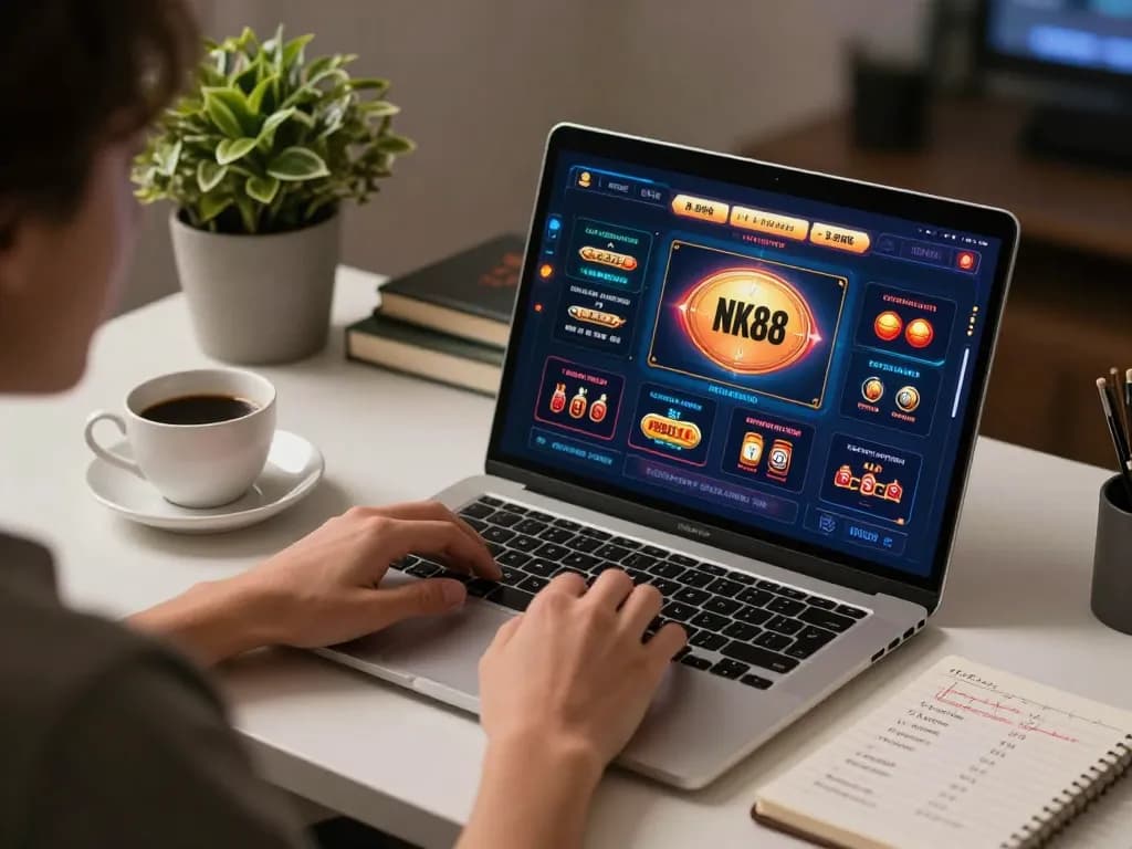 Engaged player enjoying NK88 casino games on a laptop with strategic notes nearby.