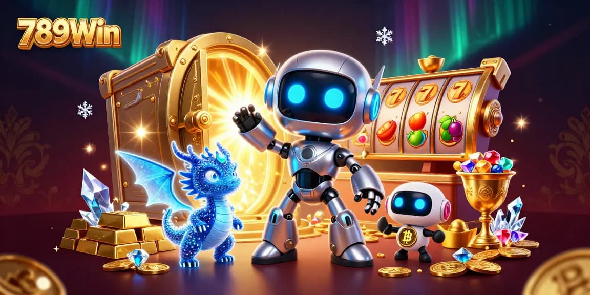 Engage with 789Win's vibrant online casino experience featuring a neon robot mascot and treasures.