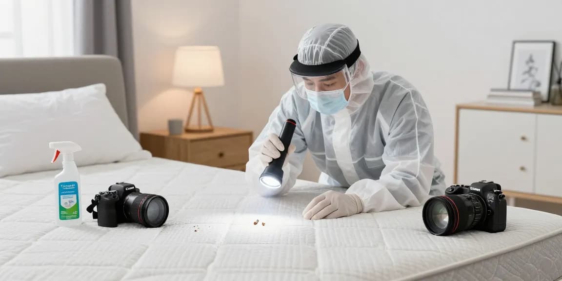 bed bug control expert inspecting mattress for pests in a clean, modern bedroom