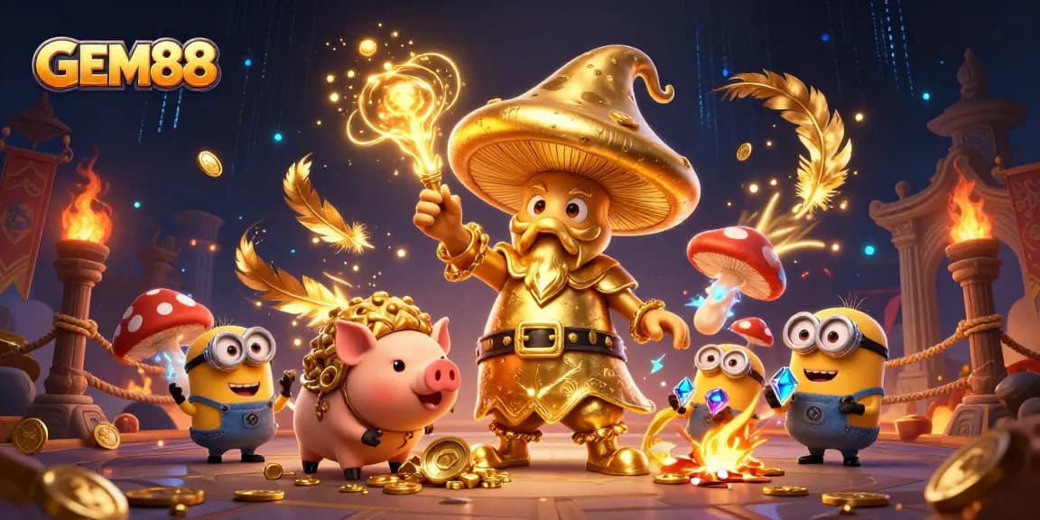 Experience the excitement of GEM88 with a golden wizard and treasure in an action-packed casino scene.