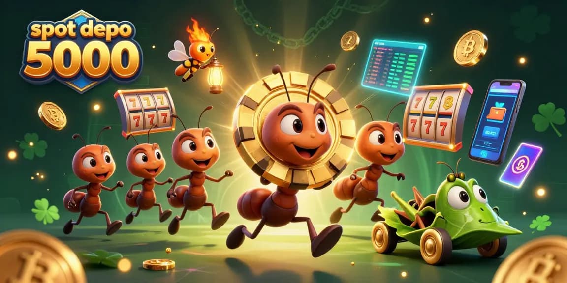 Engage in thrilling gameplay at slot depo 5000, where cartoon ants steal poker chips in a vibrant casino heist scene.