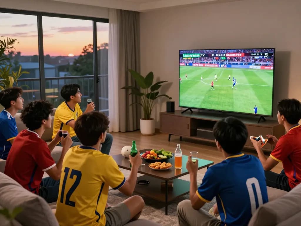 Lương Sơn TV fans enjoying a live soccer match in a vibrant living room.