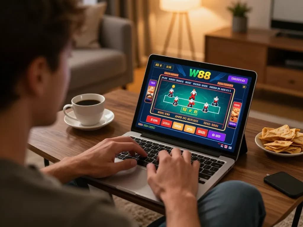 W88 player engaging in a live casino game on a tablet in a cozy home setting