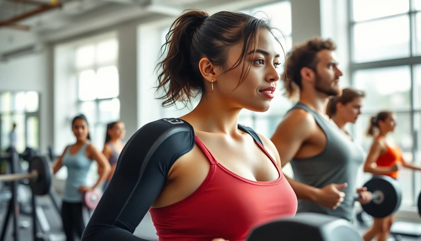 Shoulder brace for weightlifting worn by individuals in a vibrant gym setting while lifting weights.