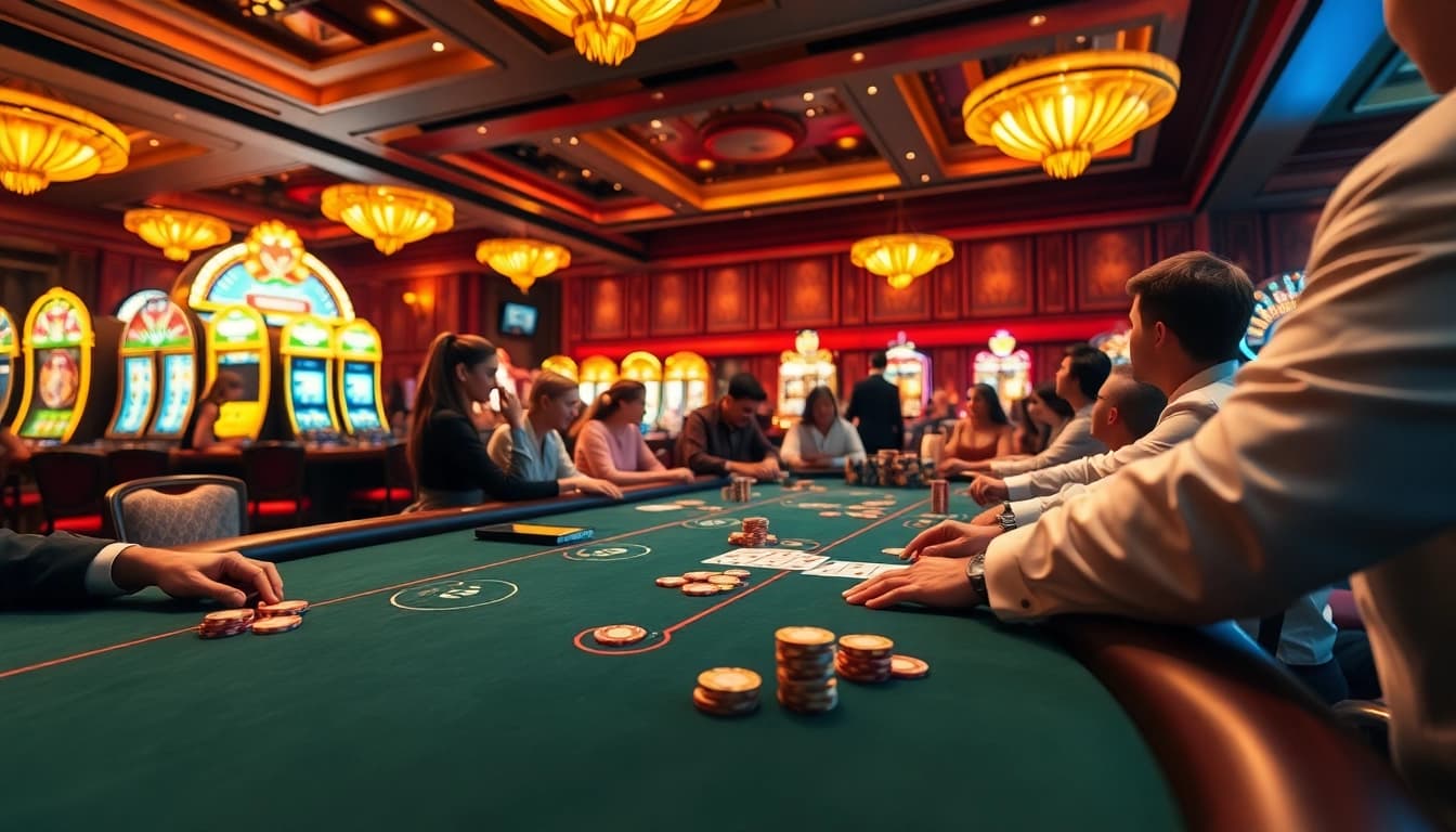 Players engaging in high-stakes poker at 78win's luxurious casino tables.