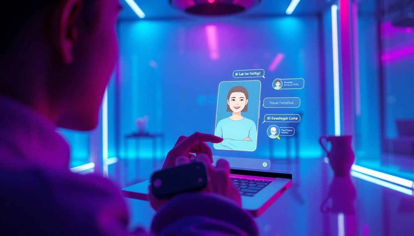 Engaging in free AI porn chat with a lively, interactive virtual character in a high-tech digital space.
