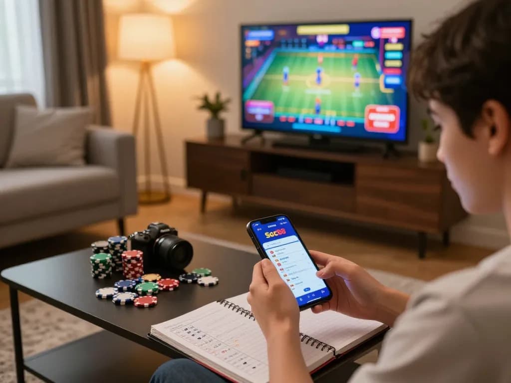 Engaged user exploring games on the Soc88 app amidst a stylish home setting, demonstrating responsible online gambling.