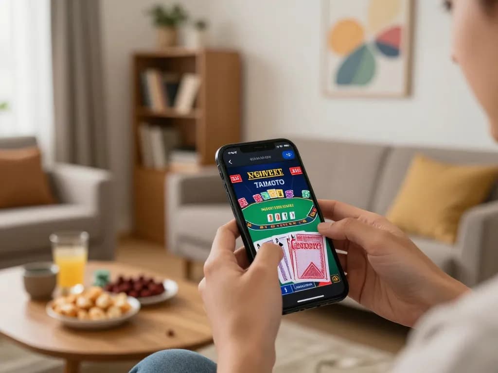 fc88 players engaging with live dealer blackjack on mobile device in cozy home setting