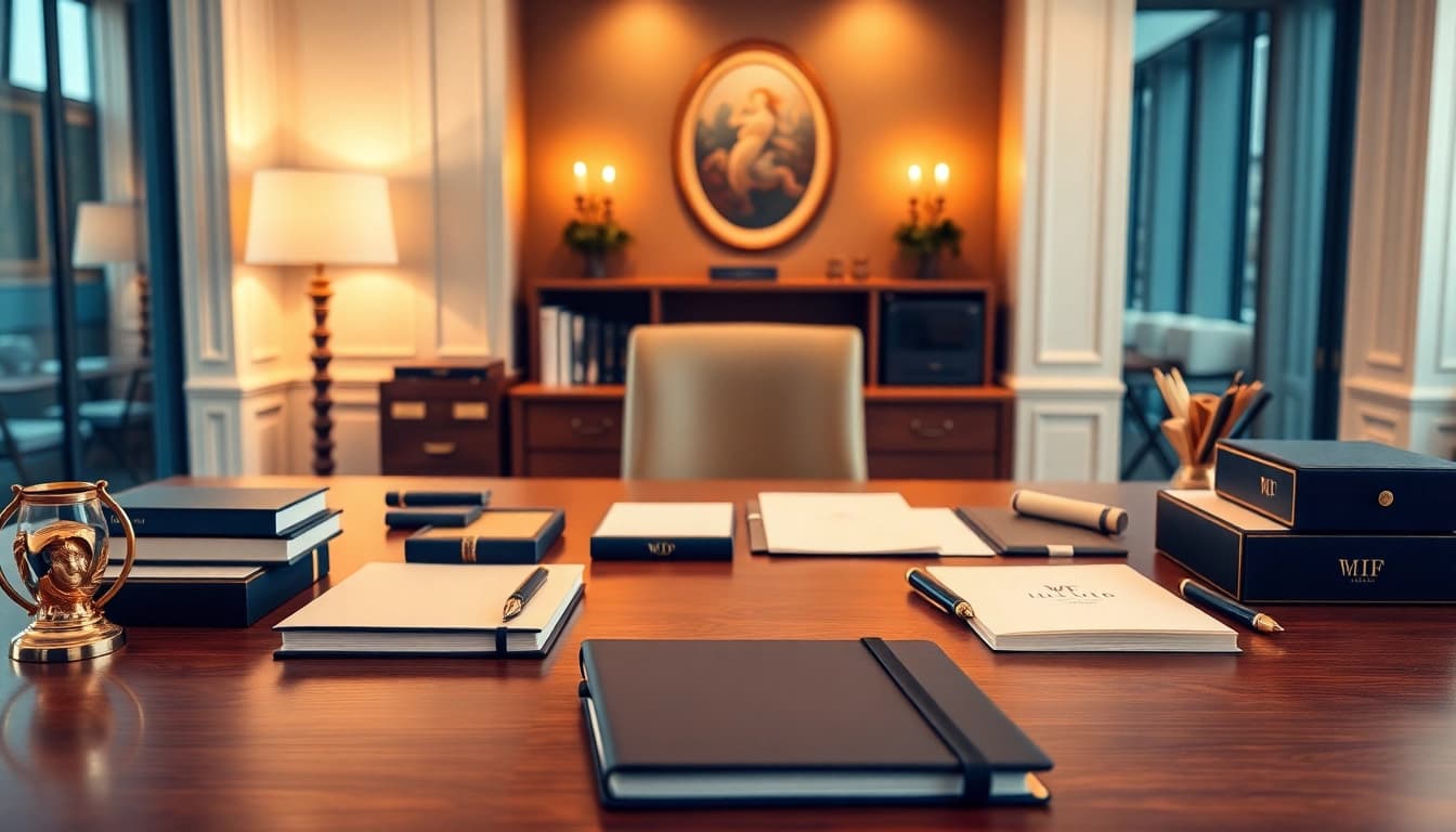 Exquisite assortment of stationery products from a leading stationery company on an elegant desk.
