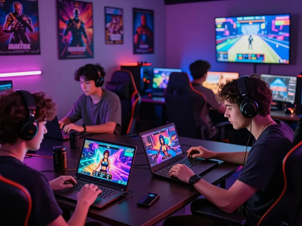 Engaged players enjoying real porn games in a vibrant gaming lounge filled with tech gadgets and neon lighting.