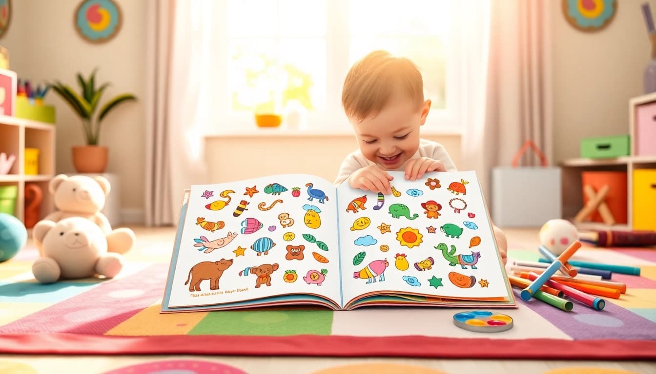 A toddler happily explores a reusable sticker book filled with colorful stickers in a bright, playful room.