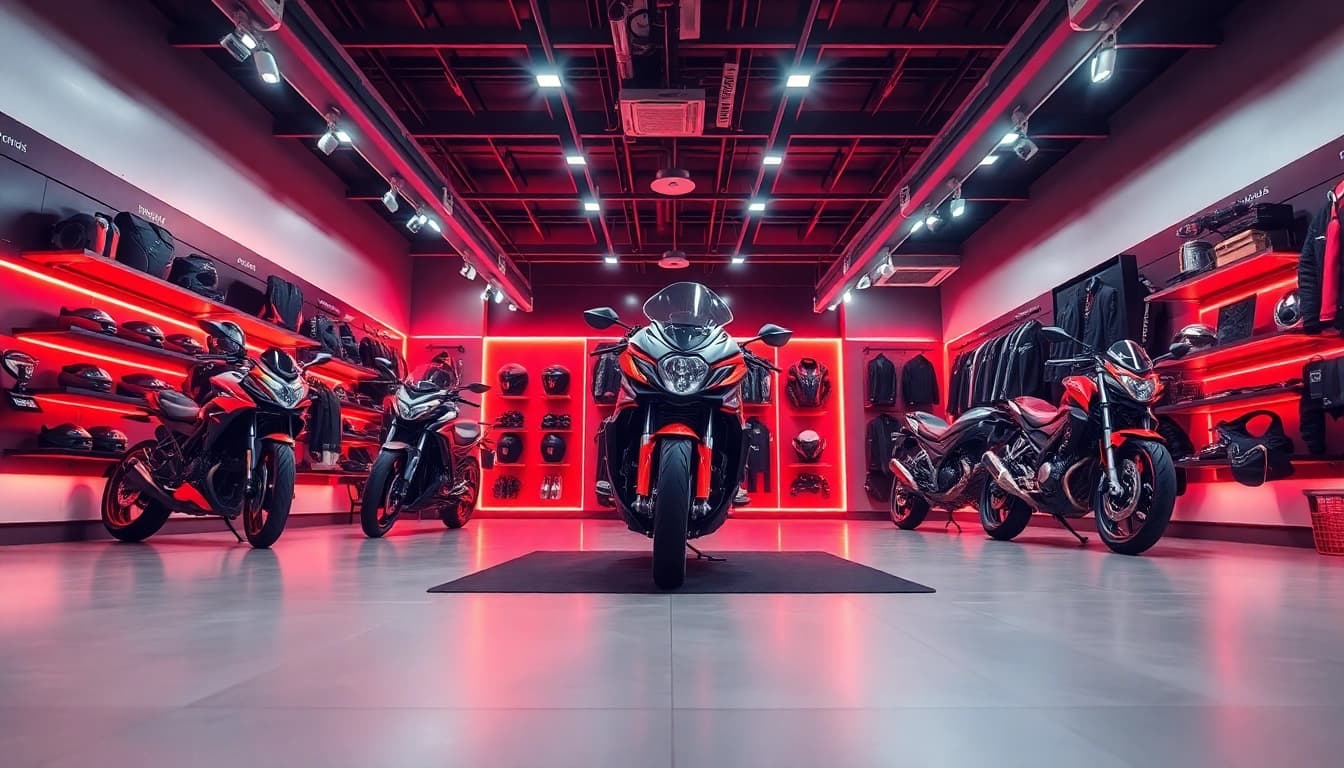 Découvrez les équipements moto innovants présentés par Motopaco dans un showroom moderne.