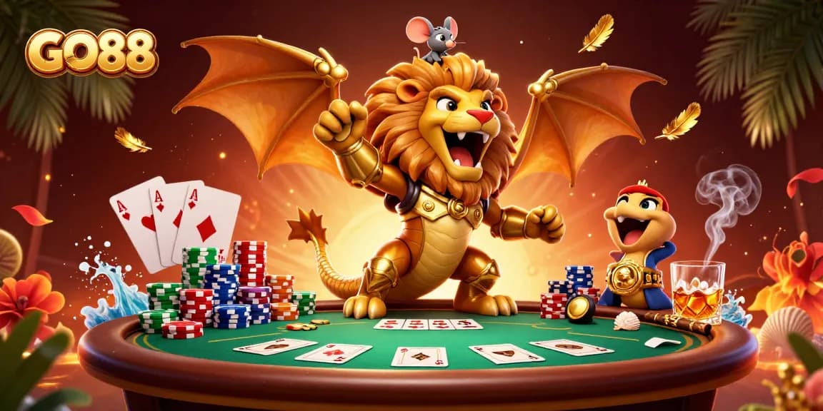 Experience thrilling gameplay at GO88 with a vibrant 3D cartoon scene of a chimera and poker elements.