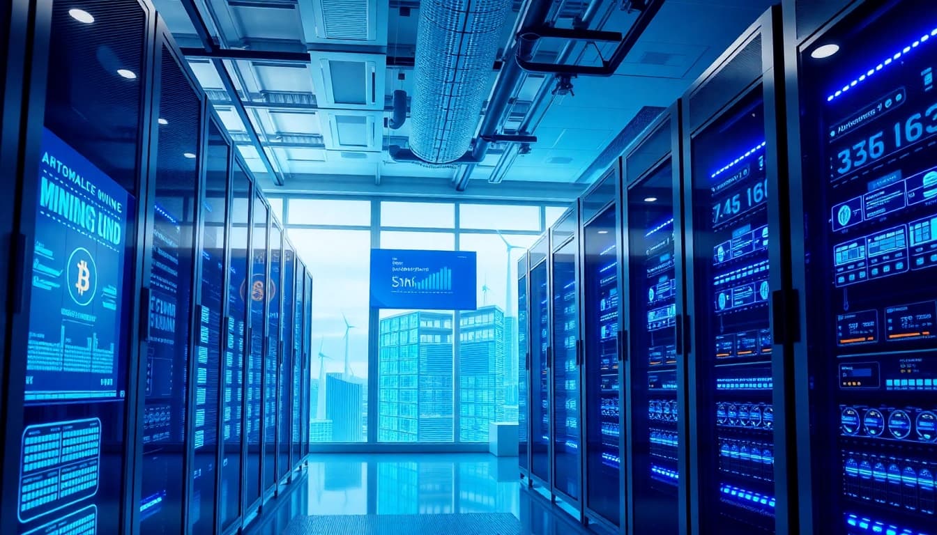 Visual representation of bitcoin cloud mining in a high-tech data center with AI interfaces and renewable energy.