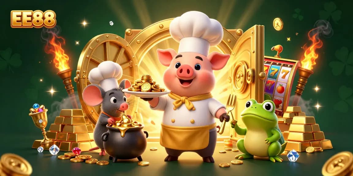 EE88's vibrant casino scene features a cartoon chef pig with gold coins, a mouse, and a frog surrounded by slot elements.