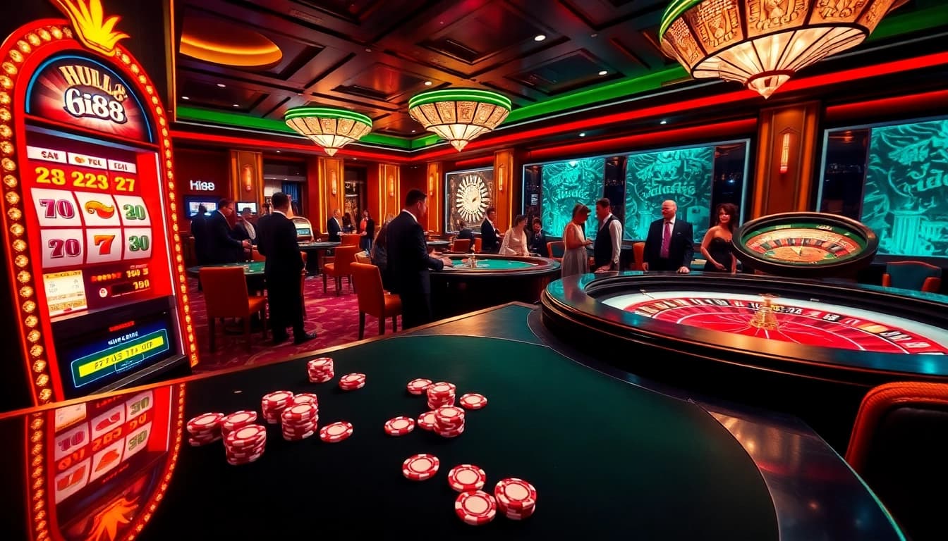 Experience thrilling gameplay at Hi88's luxurious casino atmosphere with vibrant slot machines and poker action.