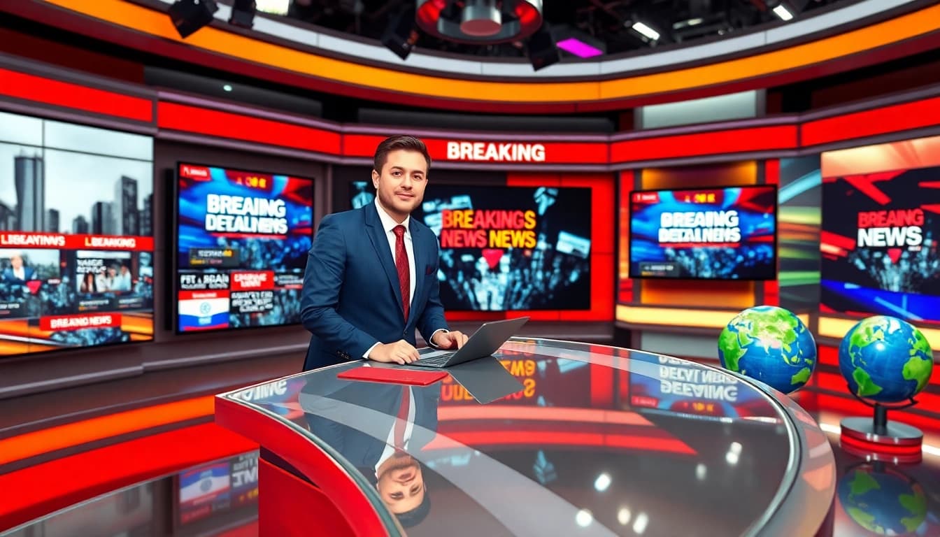 Breaking news broadcast with a professional anchor delivering urgent updates in a vibrant studio.