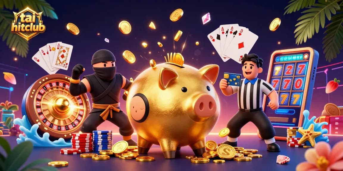 Experience thrills at tai hitclub with an enormous piggy bank sumo wrestler surrounded by coins and vibrant casino elements.