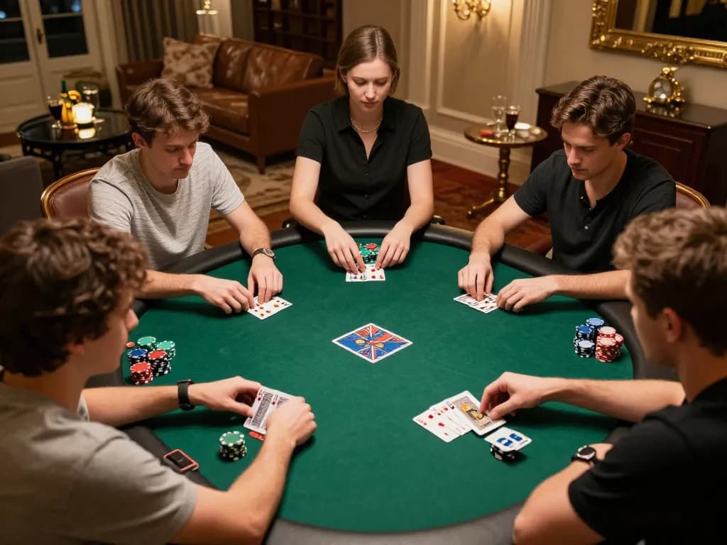 Players engaged in a strategic poker game at home, showcasing ok365's premium gaming experience.