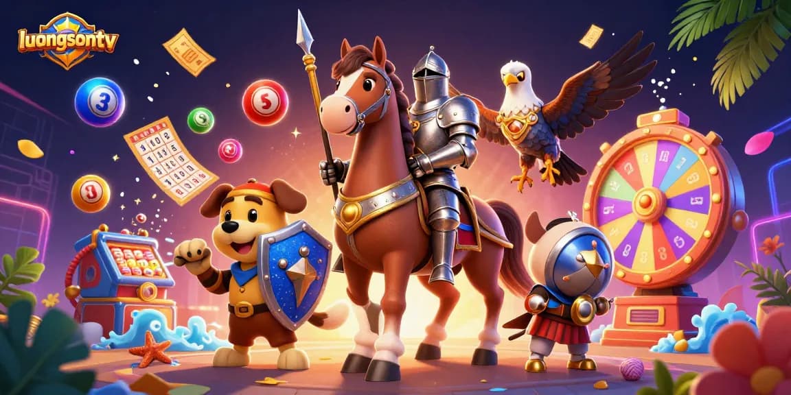Engage with luongsontv's dynamic lottery draw, featuring vibrant elements and fun characters.