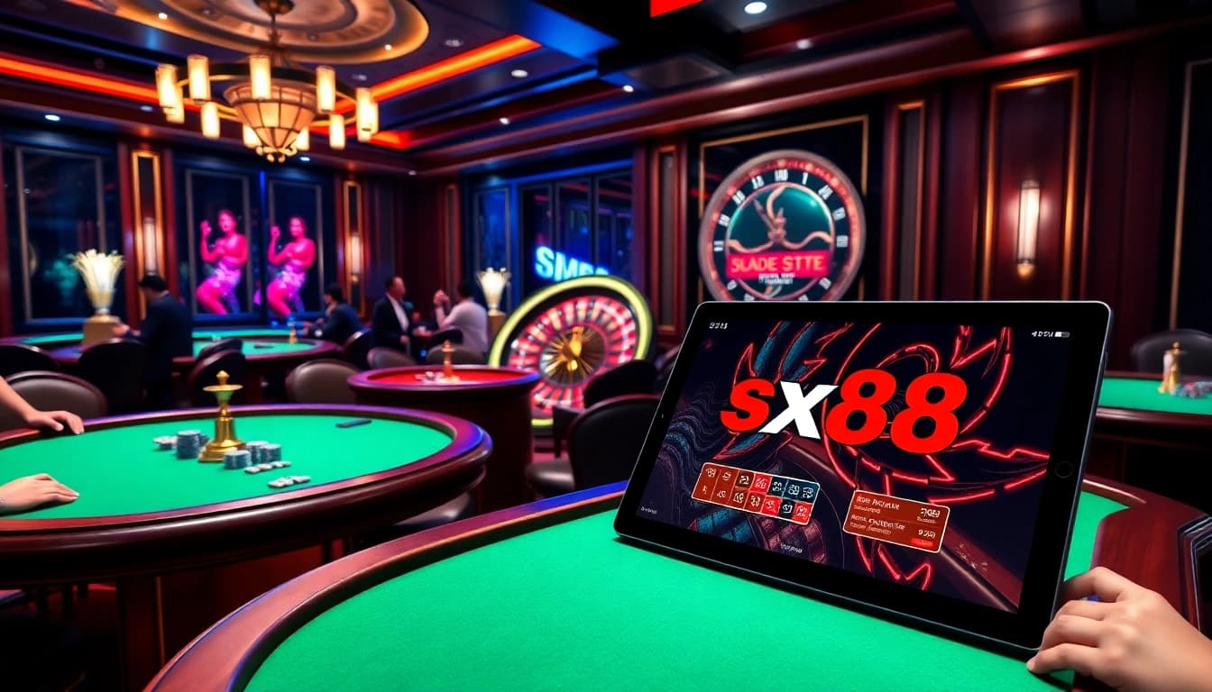 SX88 poker players strategizing at a luxurious casino table with vibrant atmosphere.