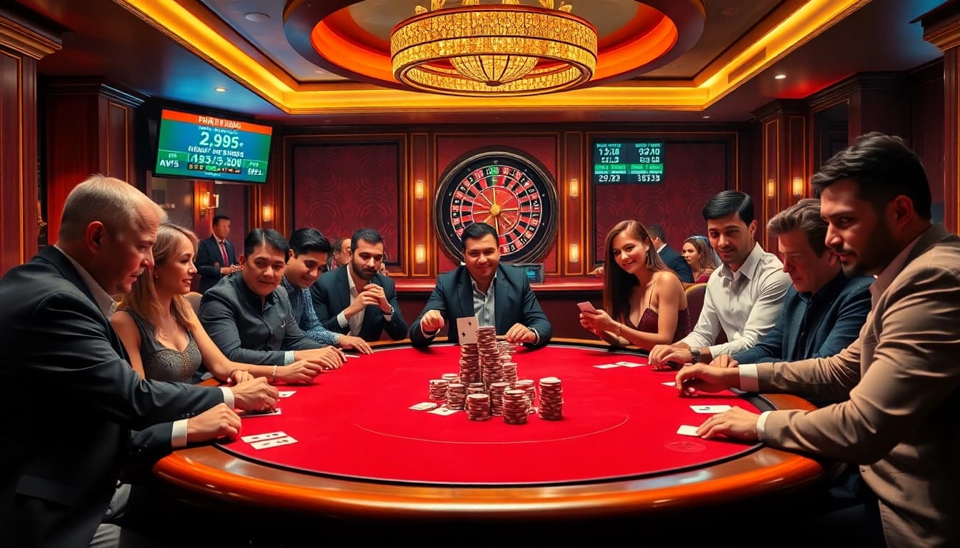 High-stakes poker game at https://mk8th.net/ showcasing luxury and excitement with players pondering their bets.
