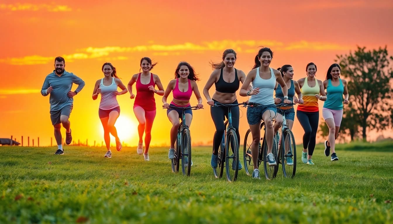 Group exercising outdoors with sunset backdrop, representing Weight Loss journey and active lifestyles.