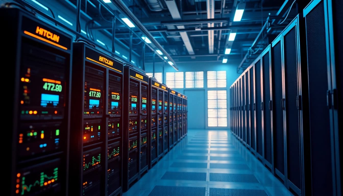 Bitcoin mining operation showcasing advanced ASIC rigs in a modern data center.