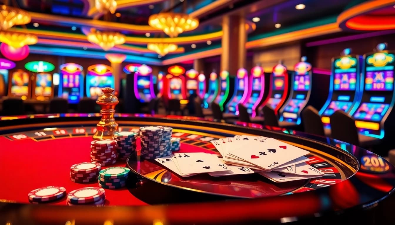 RR88 casino atmosphere showcasing poker chips, roulette table, and slot machines in a vibrant setting.