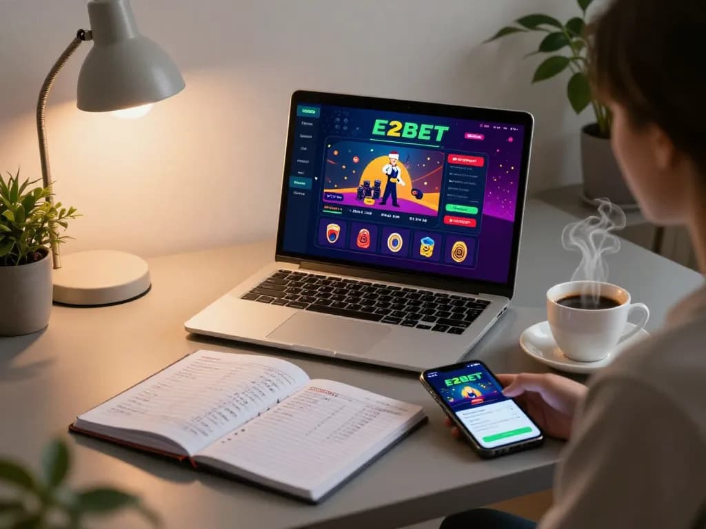 E2BET player engaging with a vibrant casino game interface on a laptop while tracking bankroll strategies.