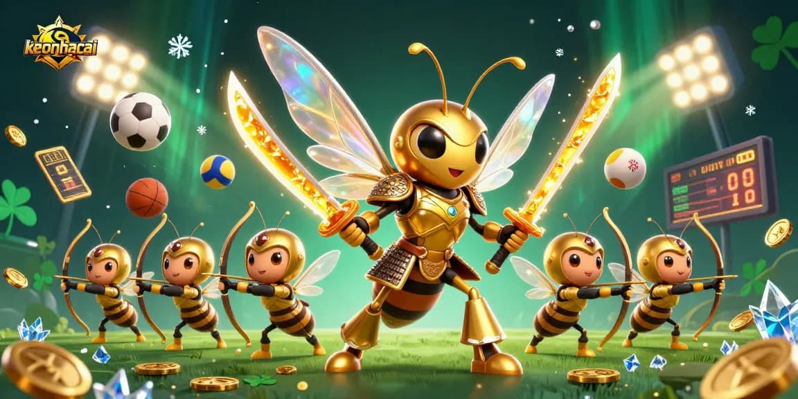Bet on keonhacai with thrilling sports action illustrated by a majestic hornet samurai and dynamic sports elements.