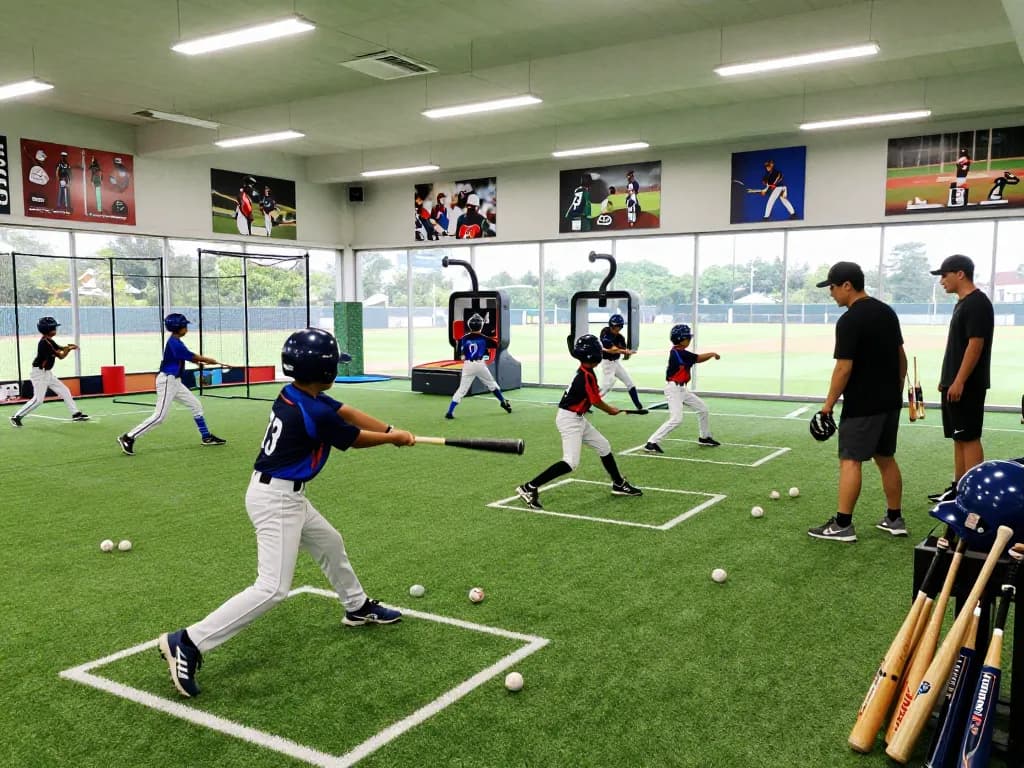 Young athletes practicing hitting techniques at a hitclub training facility.