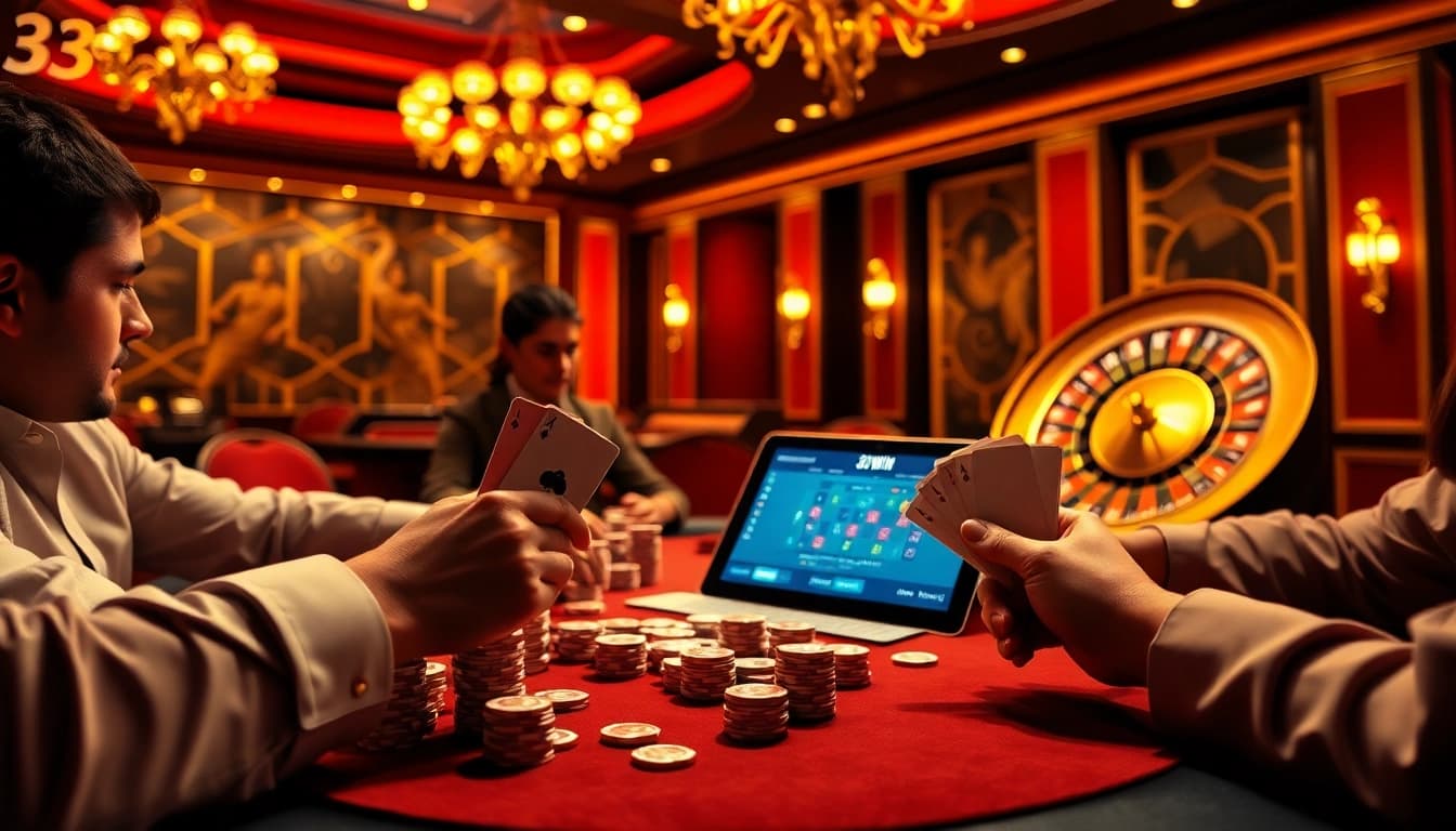 Engage in the thrill of 33win gambling with a vibrant casino setting featuring poker and roulette.