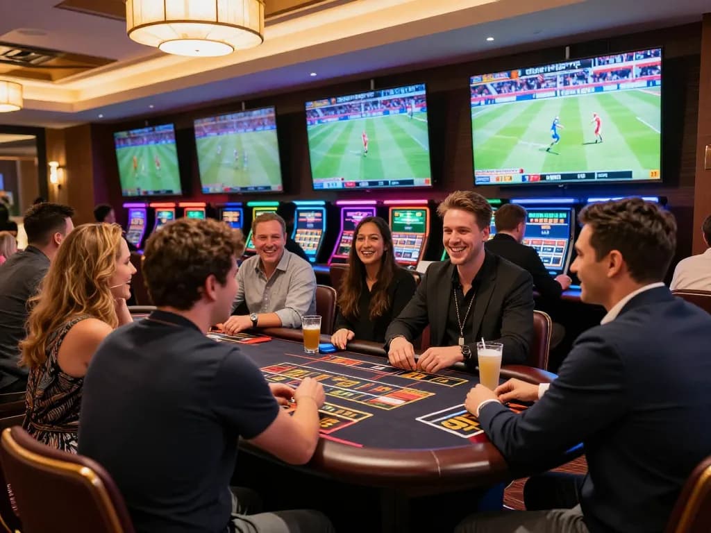 Players actively betting on sports at a dynamic KK55 casino venue, showcasing excitement and interaction.