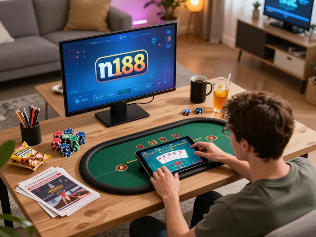 N188 player enjoying online casino game on tablet with vibrant gaming setup and poker chips