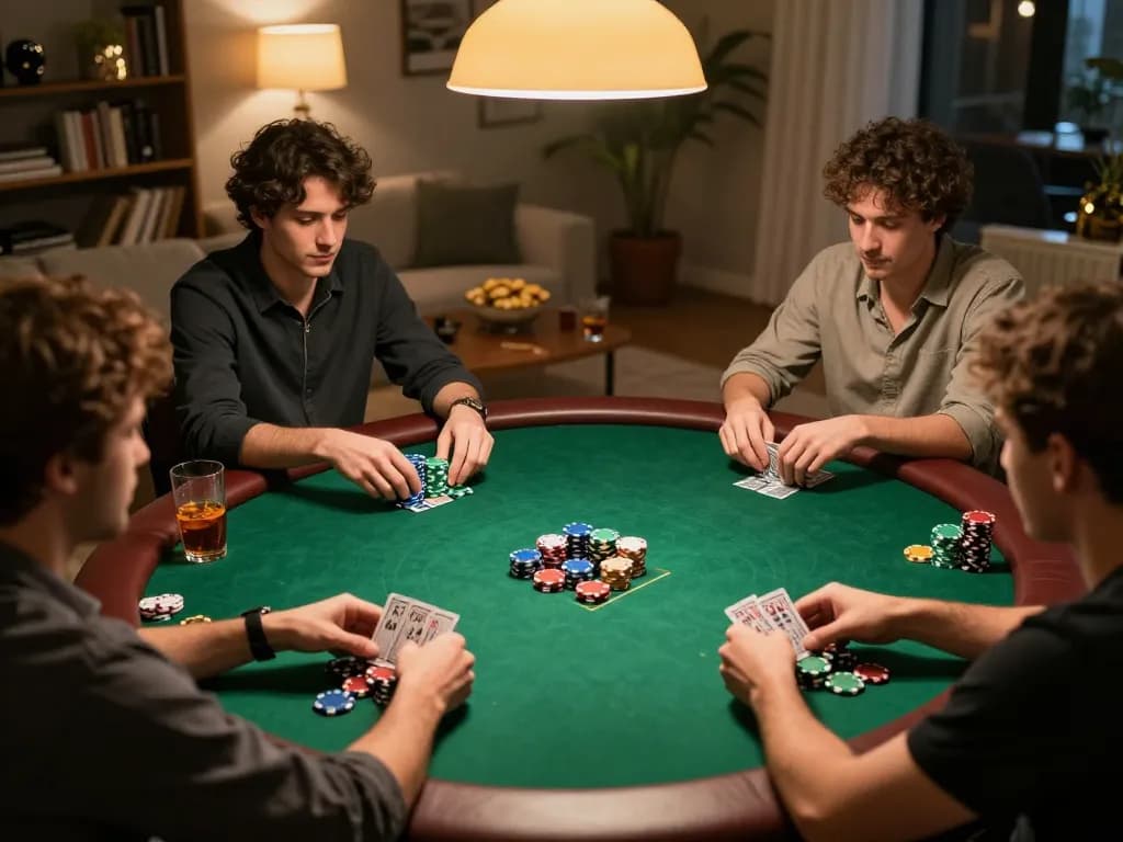 Players enjoy a lively poker night at home, capturing the essence of tylekeo360's social gambling experience.