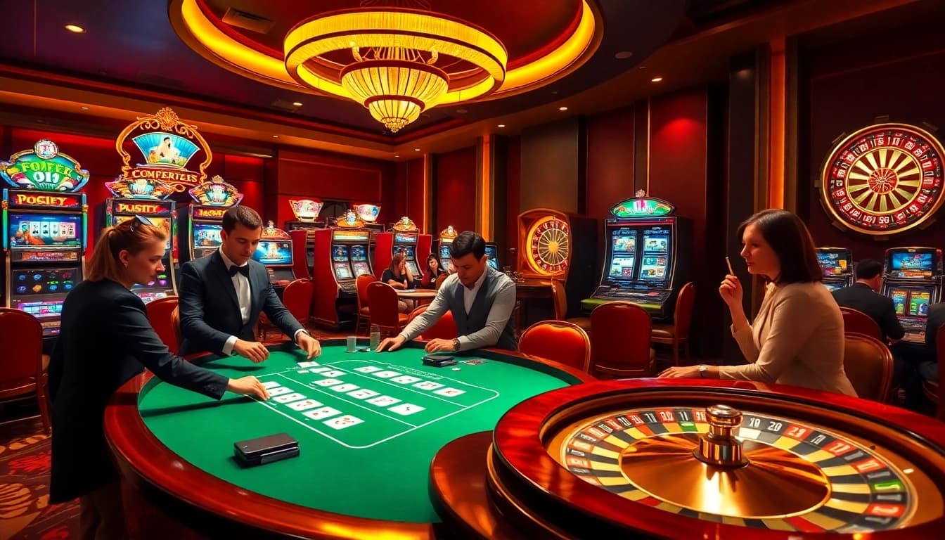 Players engaging in high-stakes action at a casino table representing 66slots8 com's thrilling experience.