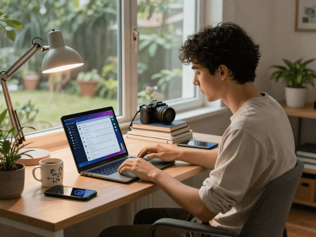 Engaging scene of a young adult enjoying a porn AI chat on a laptop in a cozy home office.