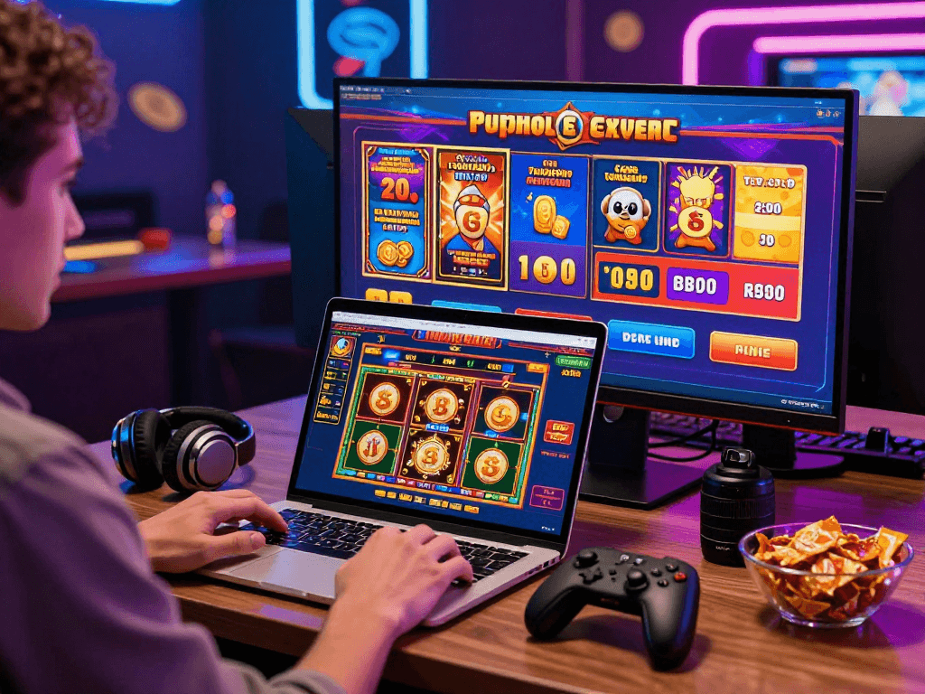 Engaging online USA casinos setup with vibrant games and promotions on screen, showcasing an exciting gaming atmosphere.