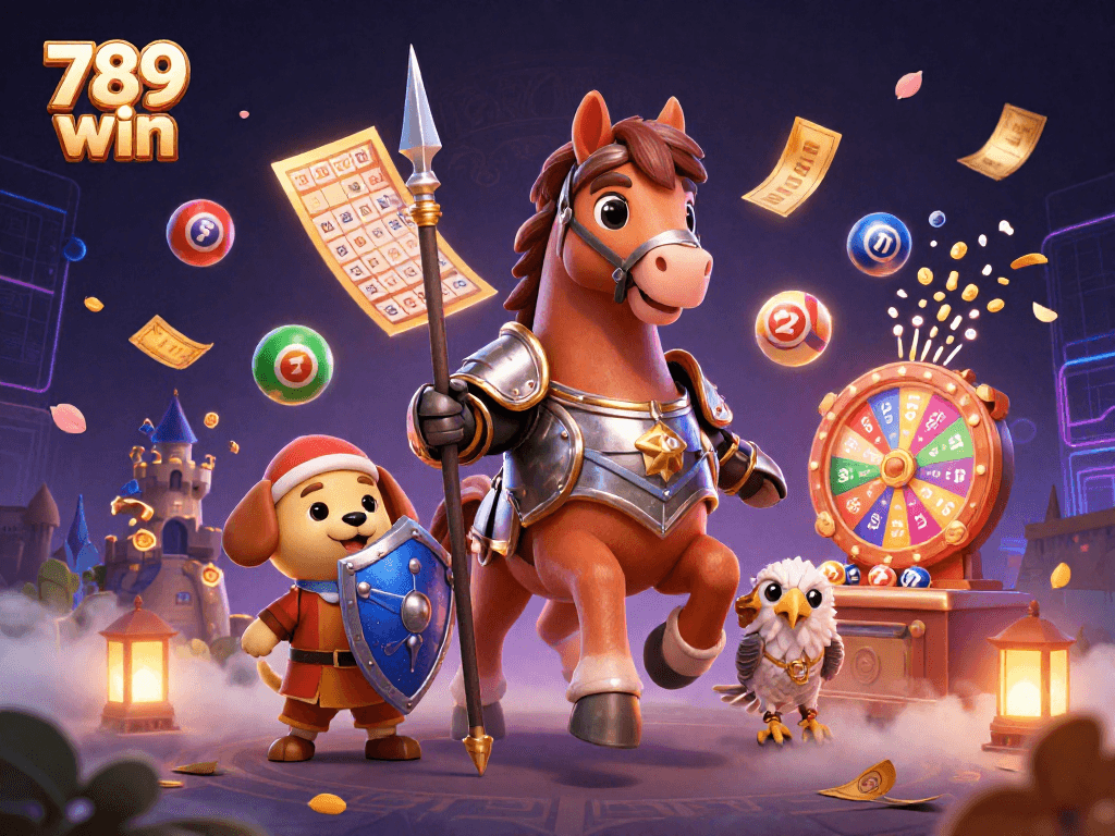 Engage with the vibrant 789 win casino scene, featuring knights and lottery elements in action.