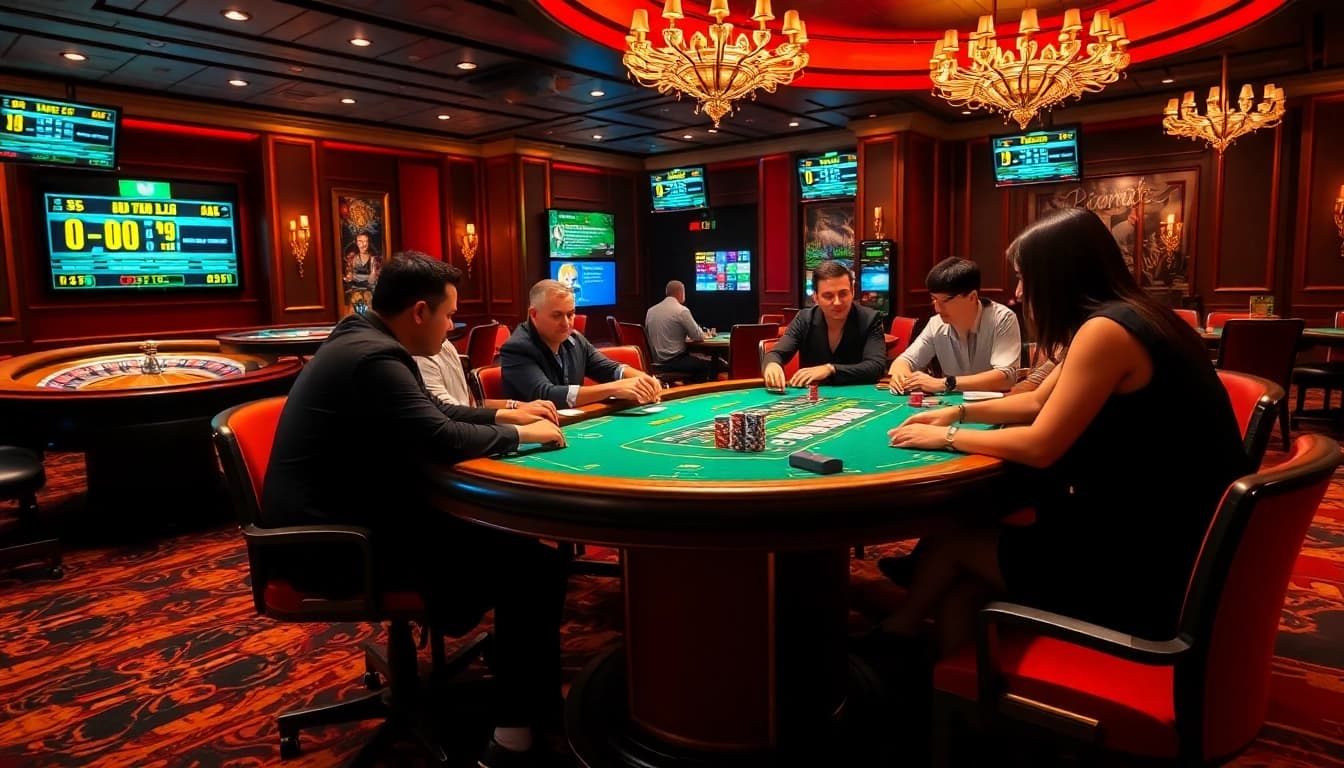 Players enjoying a thrilling poker game at a luxury casino table, embodying the essence of 7mcn gambling.