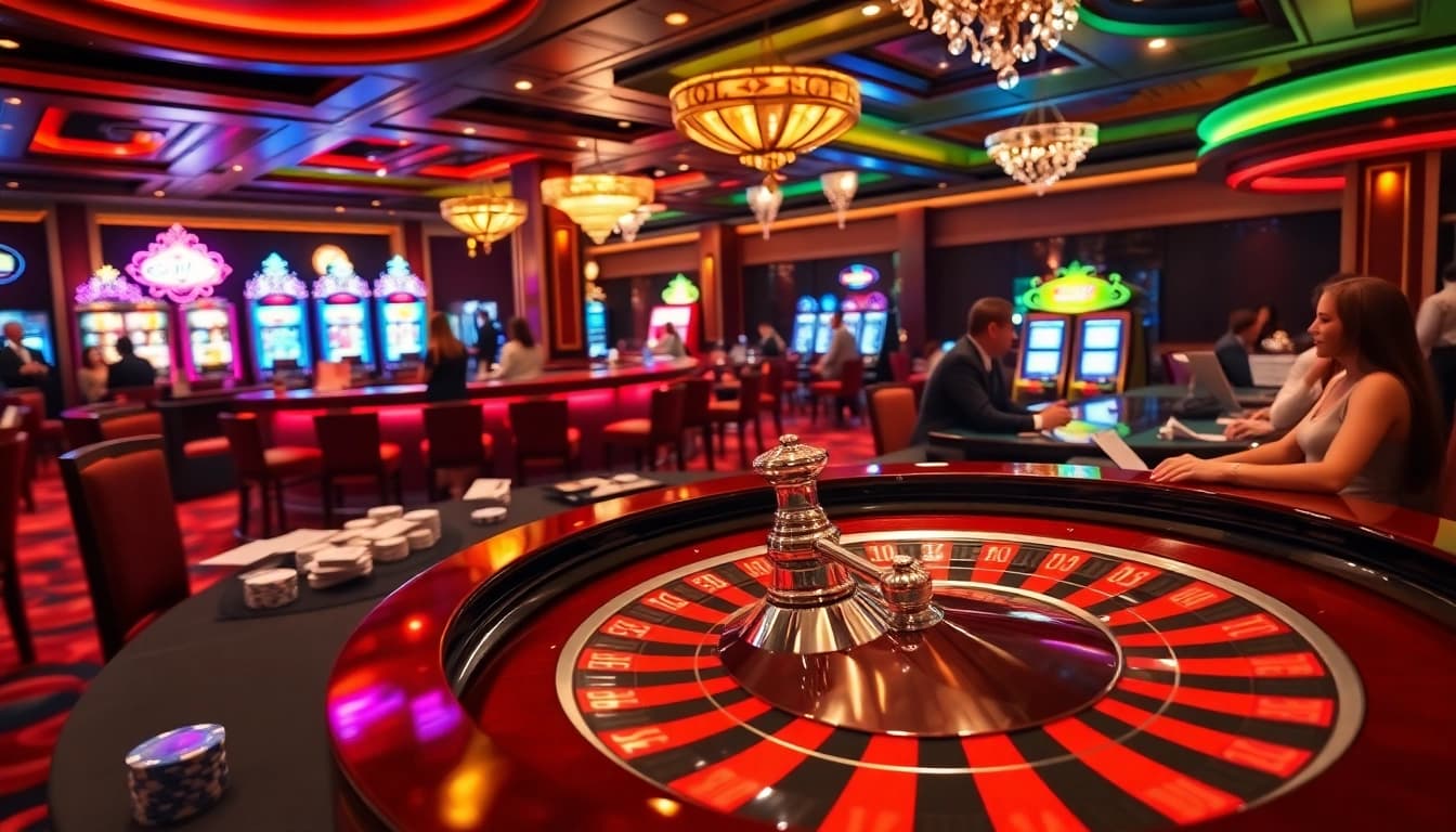 Experience the excitement of gambling at the 888b casino with a lively roulette table scene.