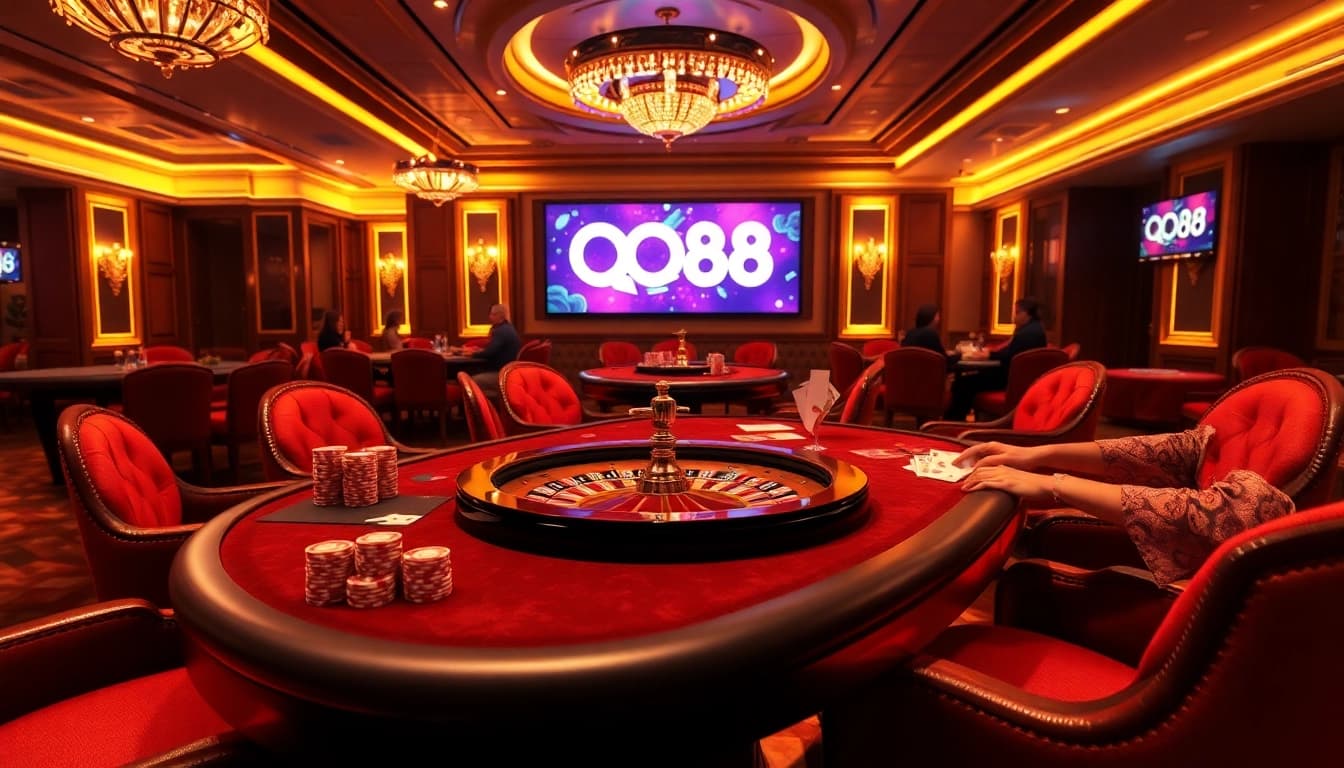 Engaged players strategizing at a QQ88 casino table surrounded by luxury.
