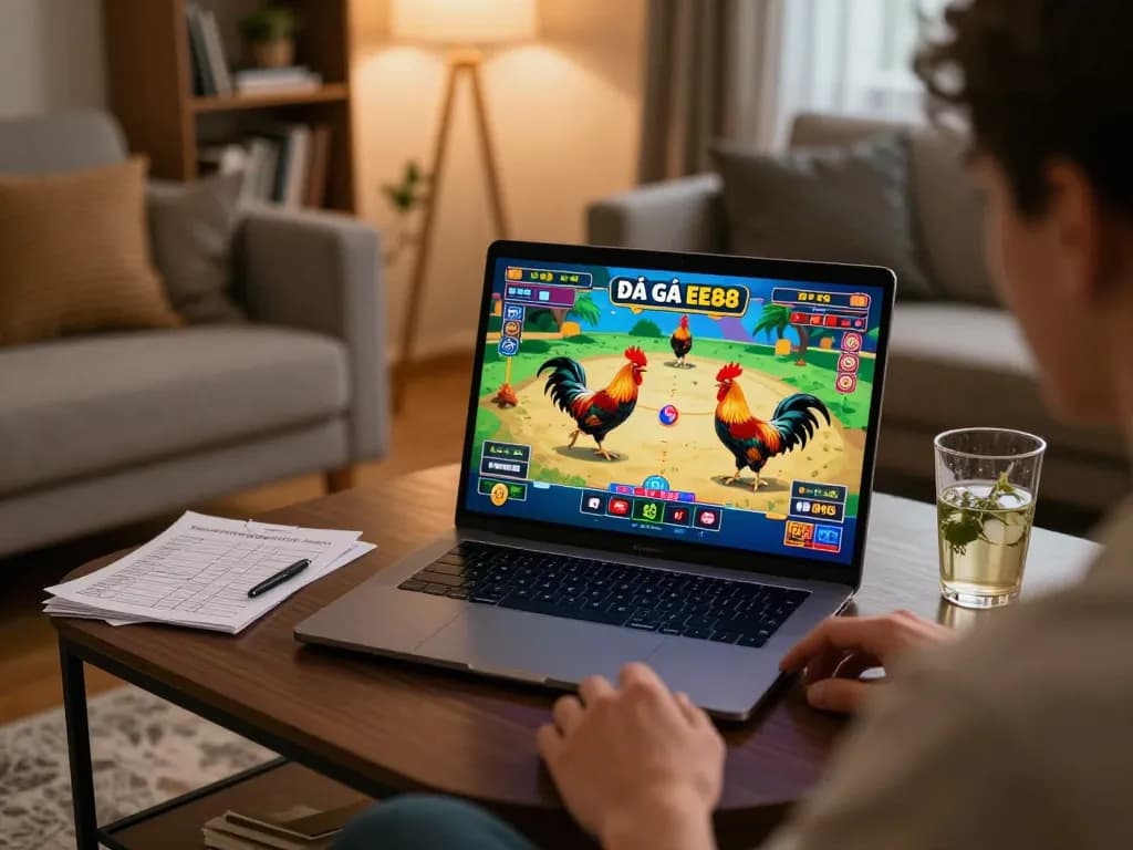 Engaging in Đá Gà EE88 online betting, vibrant game screen displayed on a laptop in a cozy home environment.