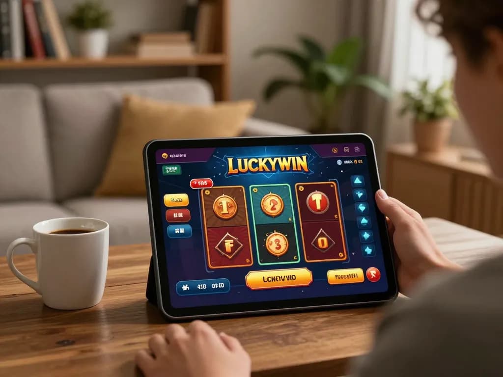 Engaging player enjoying the LUCKYWIN game on a tablet in a cozy home setting.