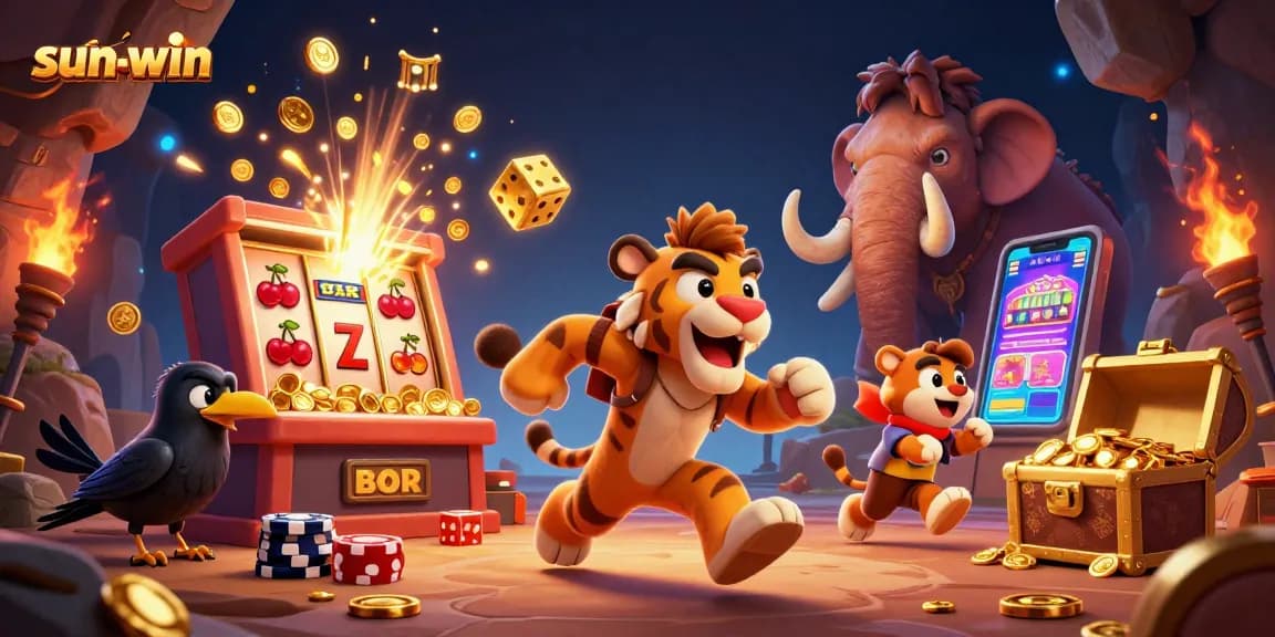 Experience excitement with sun-win's vibrant prehistoric casino scene featuring unique characters and game elements.