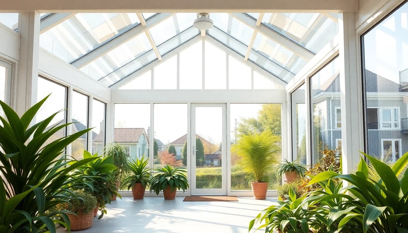 Bright and airy solarium room showcasing lush greenery and natural light.