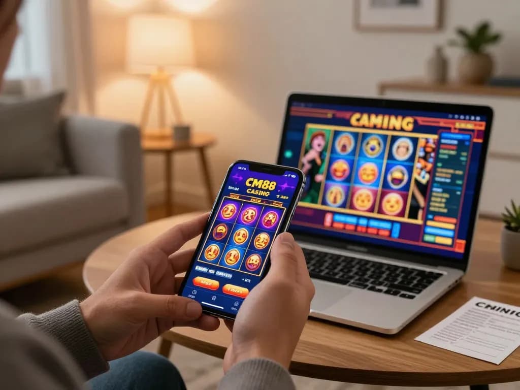 Enjoying a winning moment on the cm88 mobile casino app in a cozy home atmosphere.